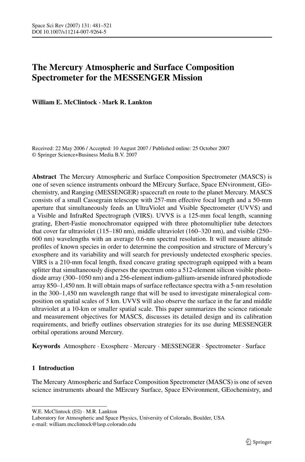 The Mercury Atmospheric and Surface Composition Spectrometer for the MESSENGER Mission