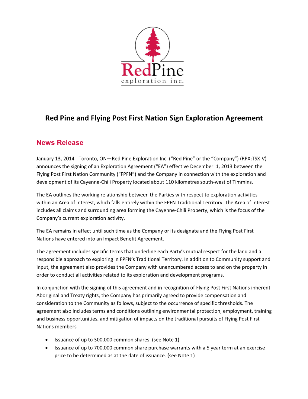 Red Pine and Flying Post First Nation Sign Exploration Agreement