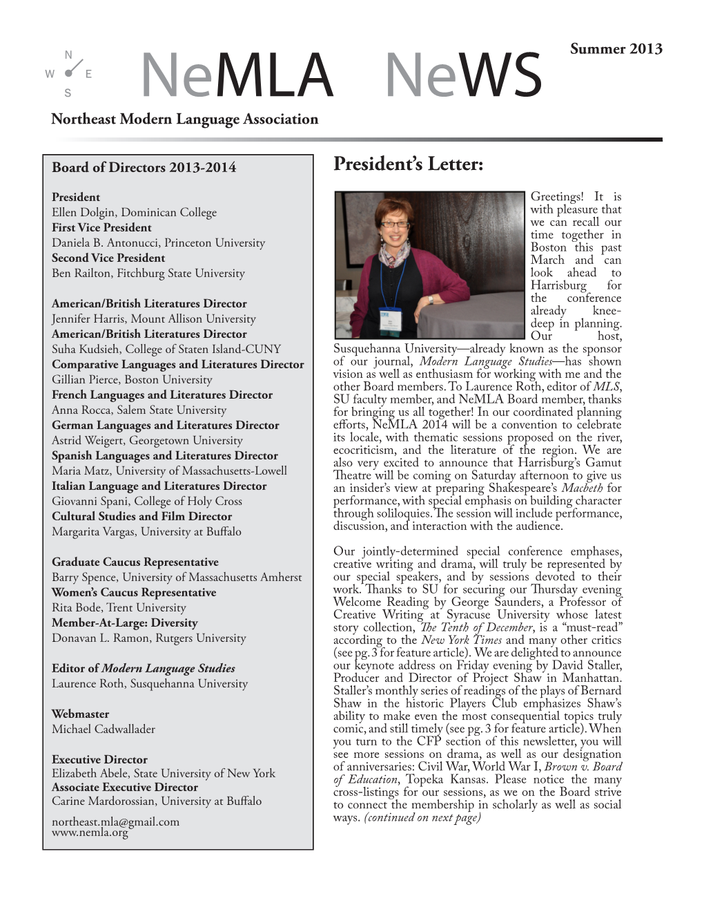 Nemla News Summer 2013 Northeast Modern Language Association