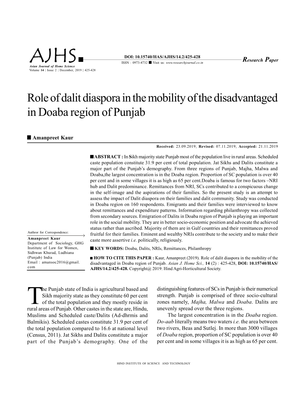 Role of Dalit Diaspora in the Mobility of the Disadvantaged in Doaba Region of Punjab