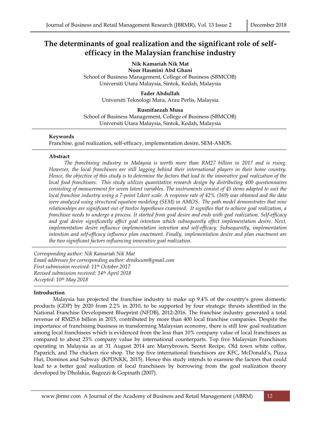 The Determinants of Goal Realization and the Significant Role of Self- Efficacy in the Malaysian Franchise Industry