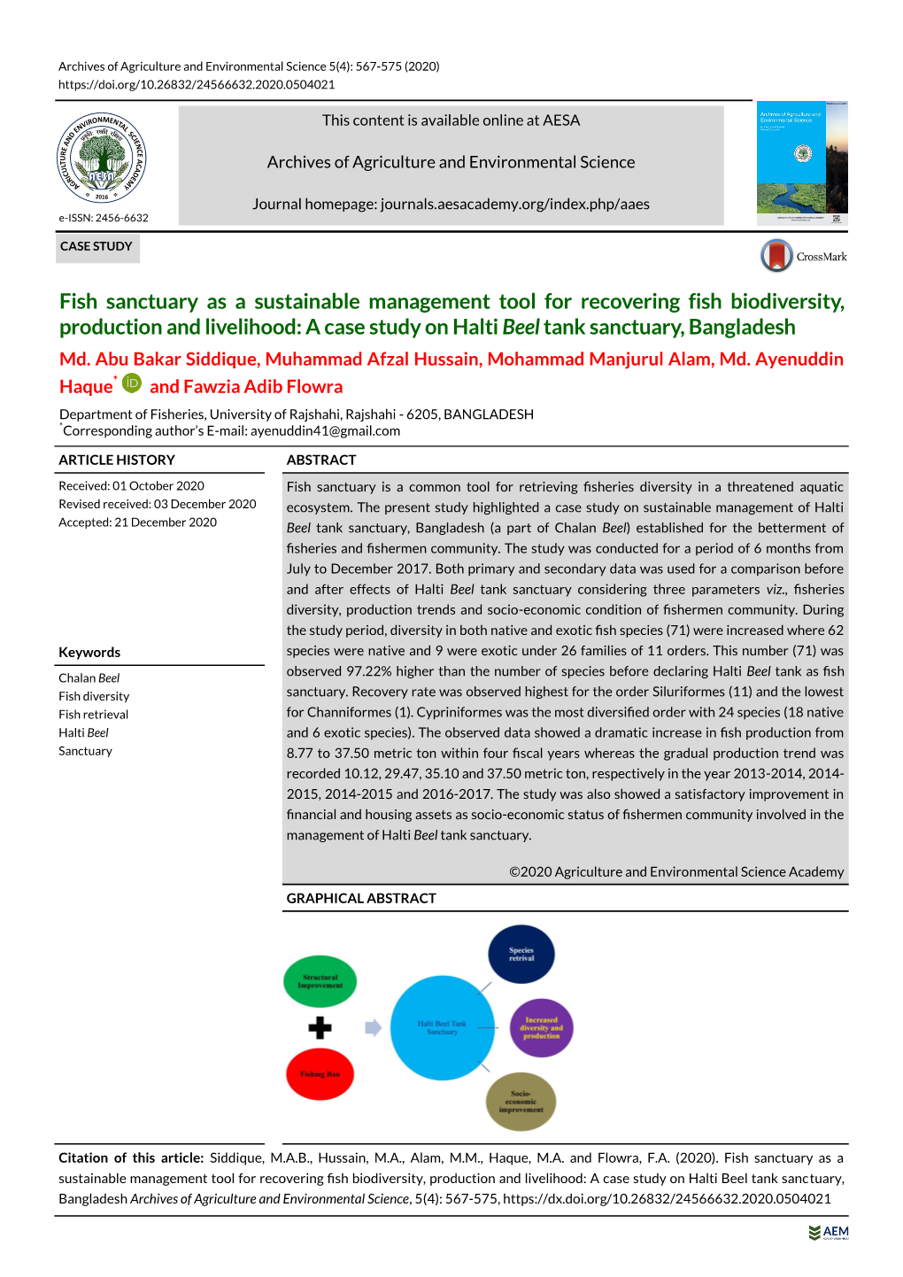 Fish Sanctuary As a Sustainable Management Tool for Recovering Fish Biodiversity, Production and Livelihood: a Case Study on Halti Beel Tank Sanctuary, Bangladesh Md