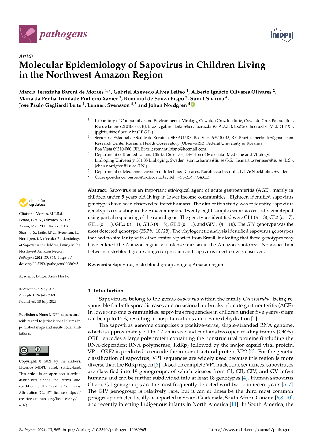 Molecular Epidemiology of Sapovirus in Children Living in the Northwest Amazon Region