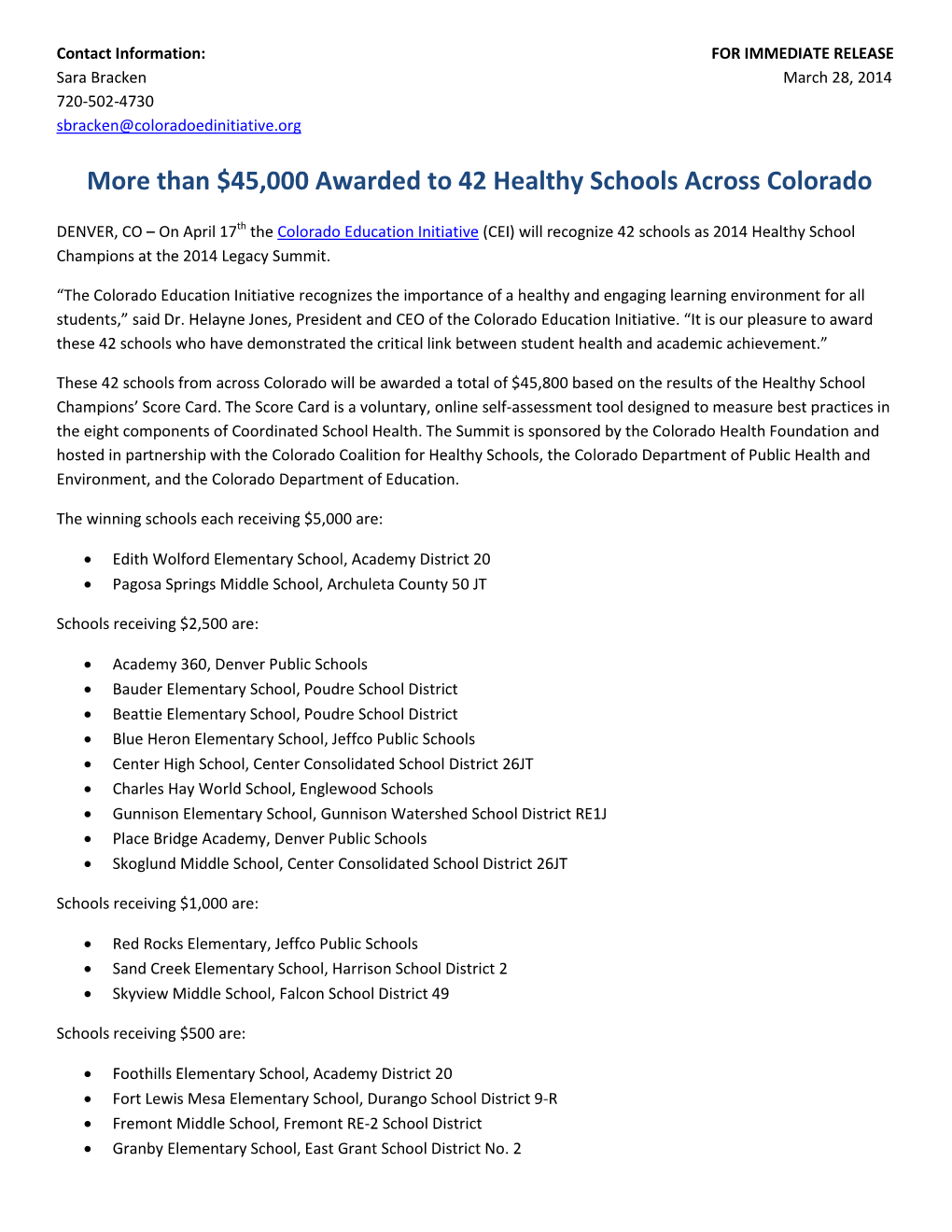 More Than $45,000 Awarded to 42 Healthy Schools Across Colorado