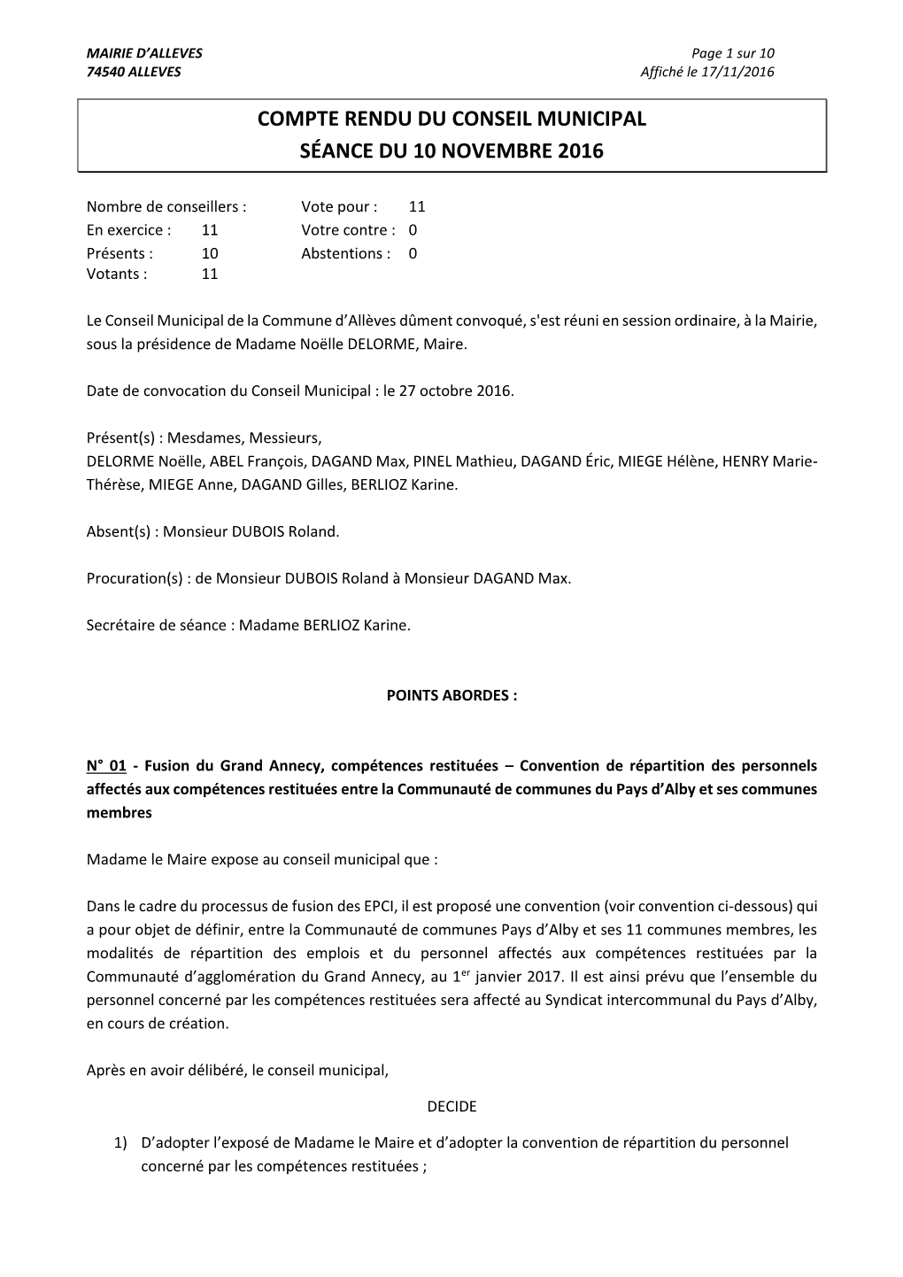 Compte Rendu Du Conseil Municipal Séance Du 10 Novembre 2016