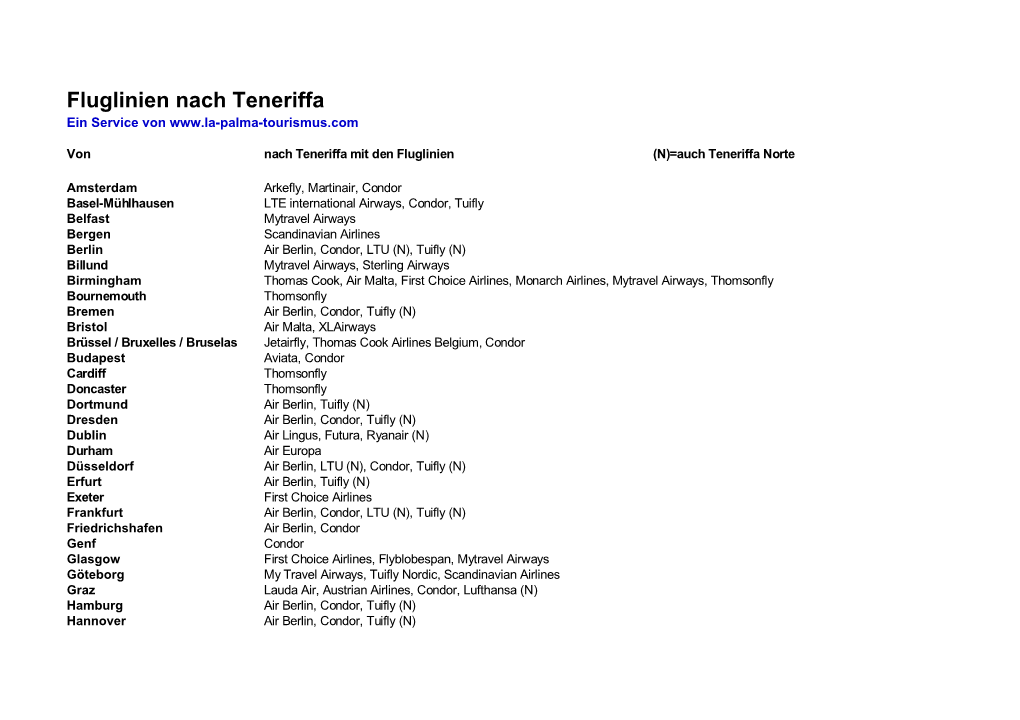 Fluglinien Nach Teneriffa Ein Service Von