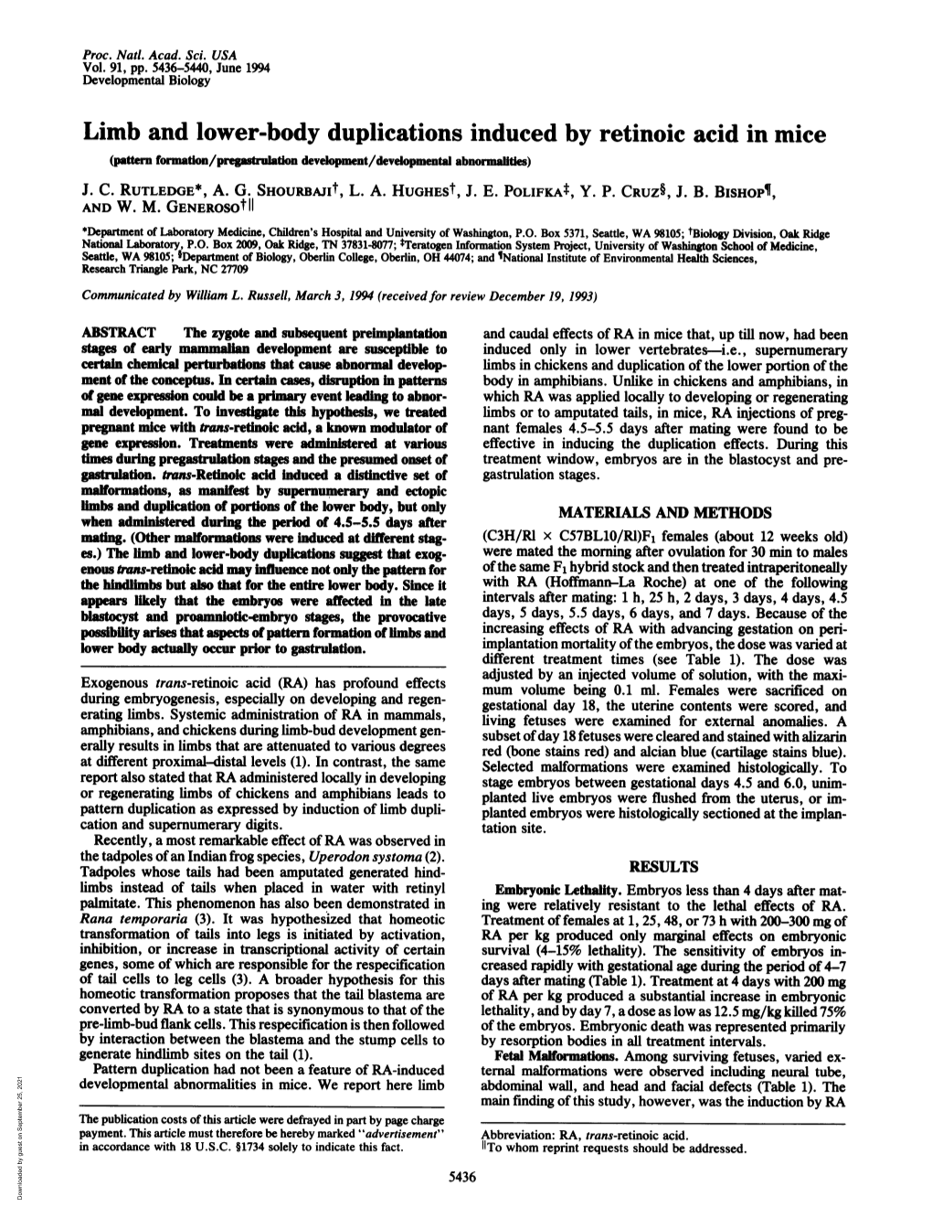 Limb and Lower-Body Duplications Induced by Retinoic Acid in Mice (Pattern Formation/ Gstruladon Development/Developmental Abnormalities) J