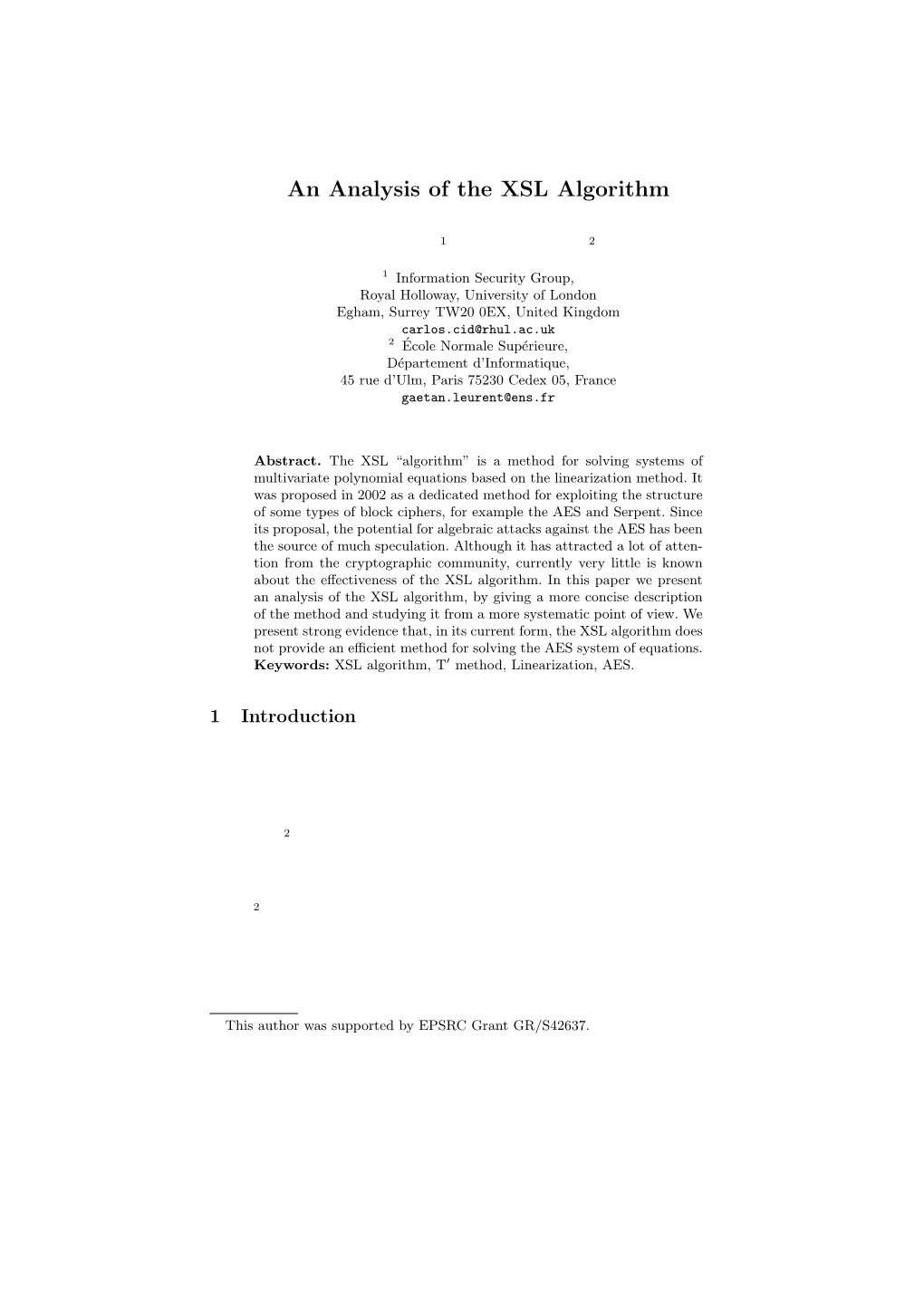 An Analysis of the XSL Algorithm