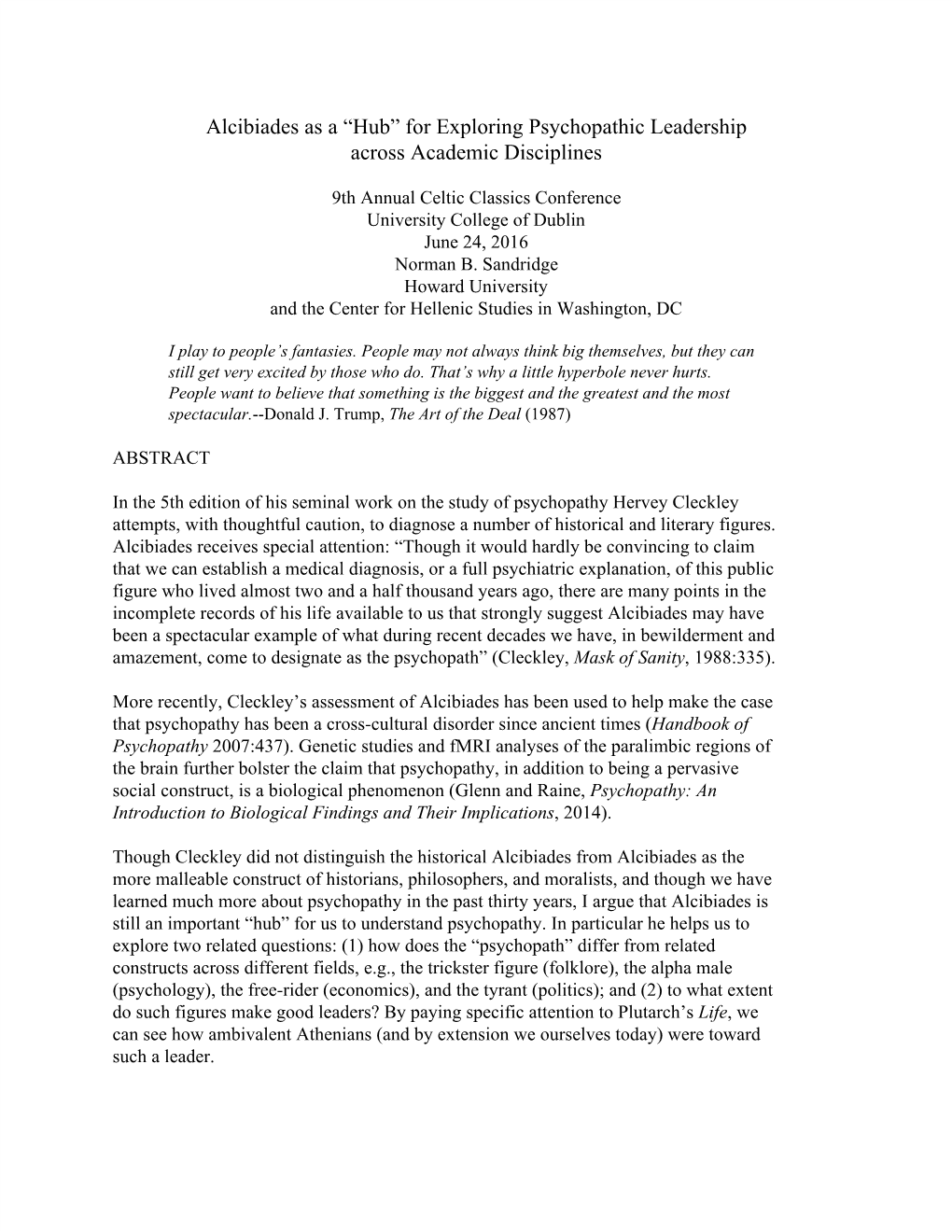 Alcibiades As a “Hub” for Exploring Psychopathic Leadership Across Academic Disciplines