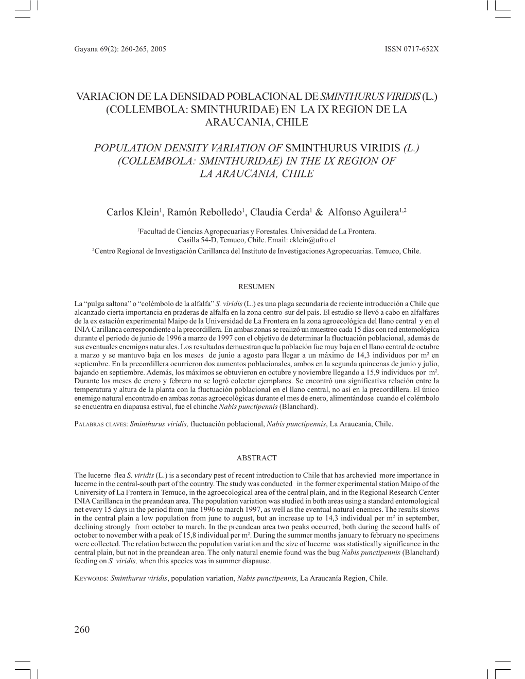 Variacion De La Densidad Poblacional De Sminthurus Viridis (L.) (Collembola: Sminthuridae) En La Ix Region De La Araucania, Chile