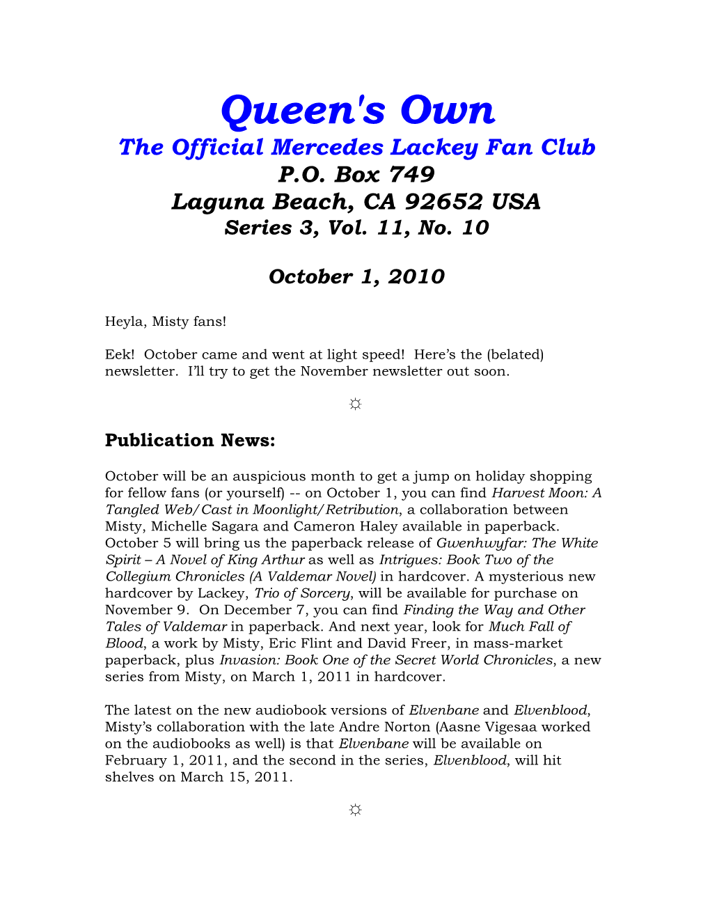 Queen's Own the Official Mercedes Lackey Fan Club P.O