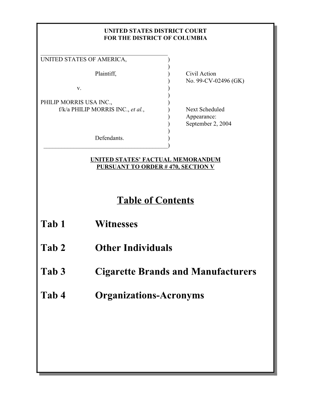 Table of Contents Tab 1 Witnesses Tab 2 Other Individuals Tab 3 Cigarette Brands and Manufacturers Tab 4 Organizations-Acronyms