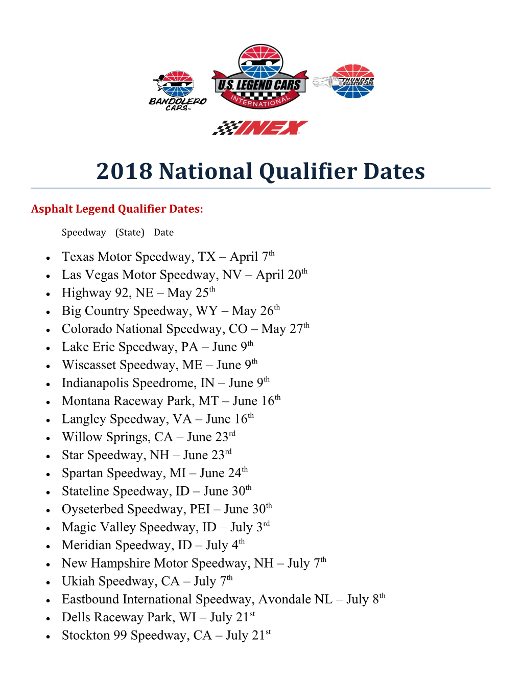 2018 National Qualifier Dates