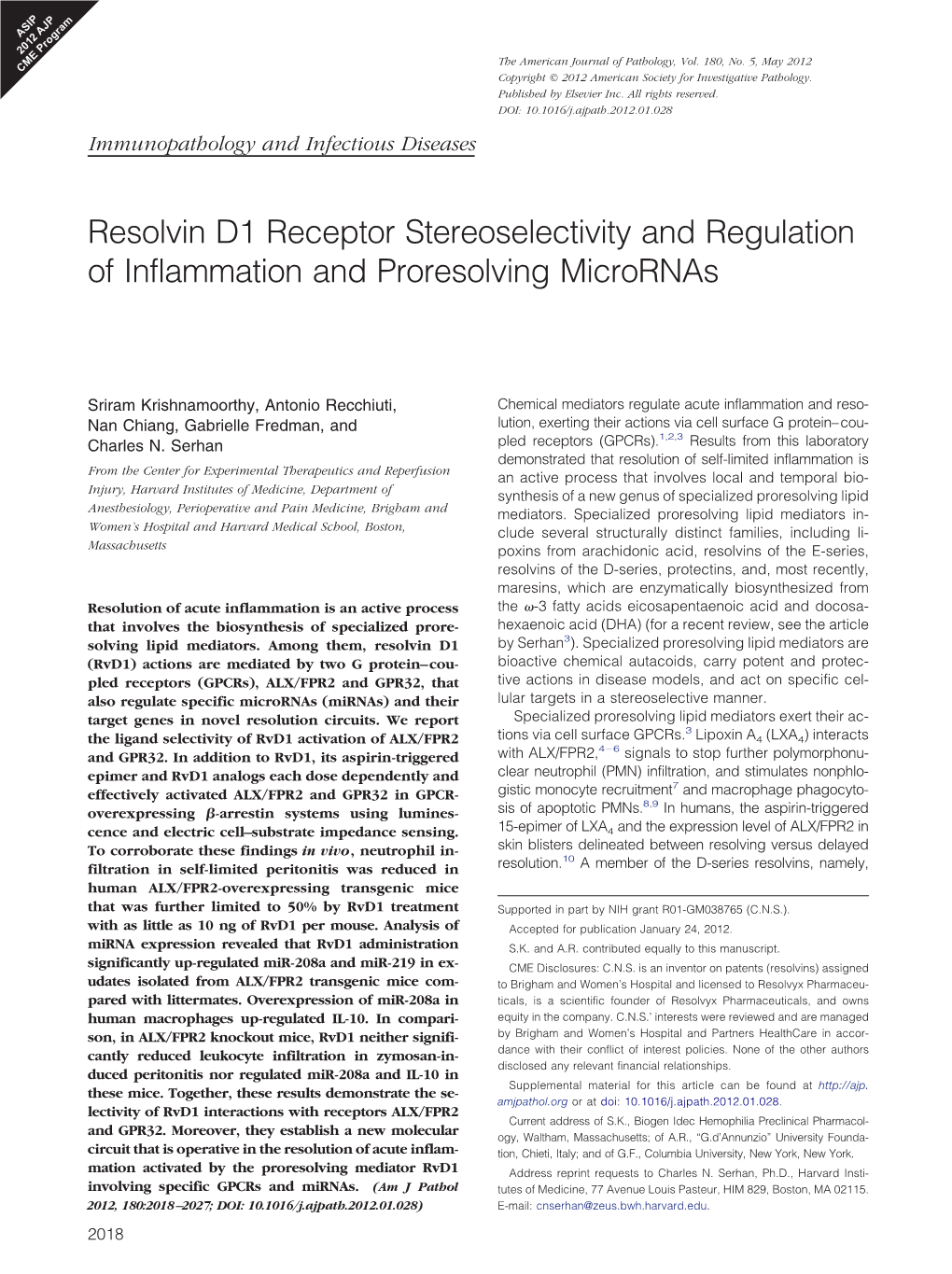 Resolvin D1 Receptor Stereoselectivity and Regulation of Inflammation and Proresolving Micrornas