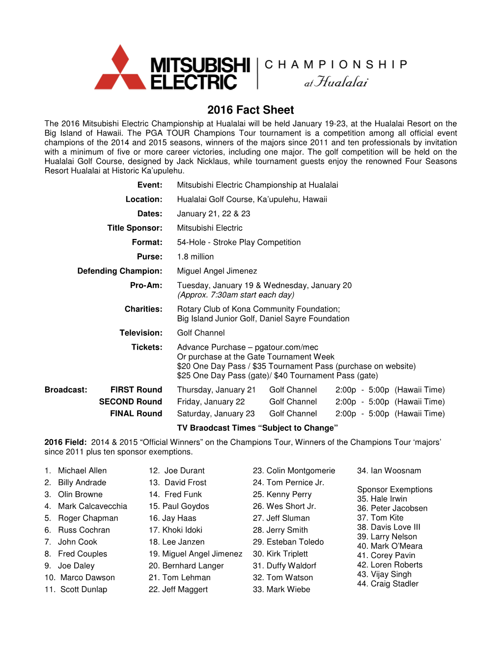 2016 Fact Sheet the 2016 Mitsubishi Electric Championship at Hualalai Will Be Held January 19-23, at the Hualalai Resort on the Big Island of Hawaii