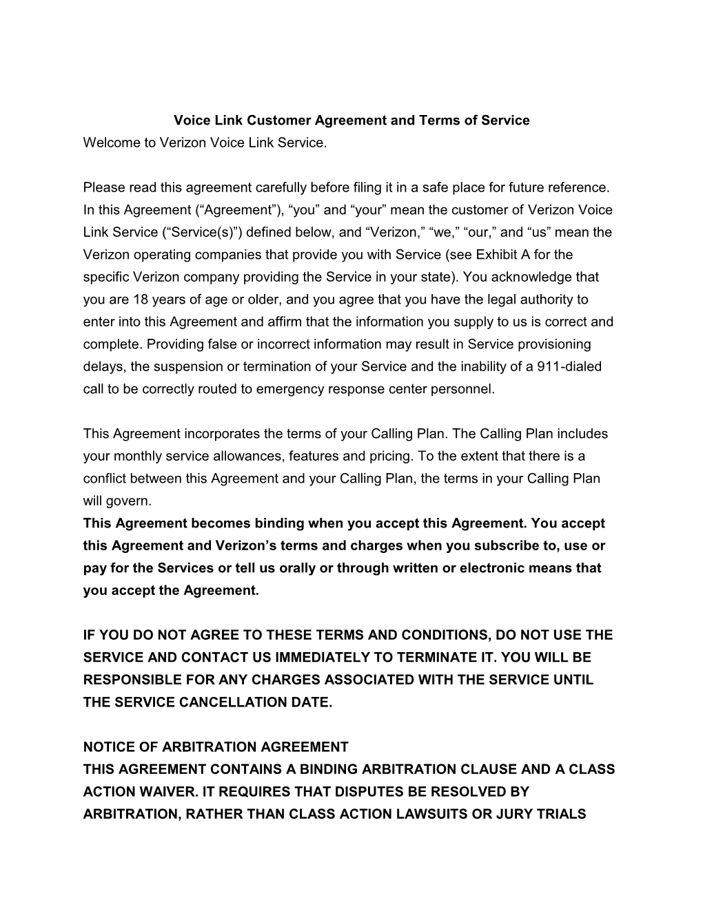 Voice Link Customer Agreement and Terms of Service Welcome to Verizon Voice Link Service