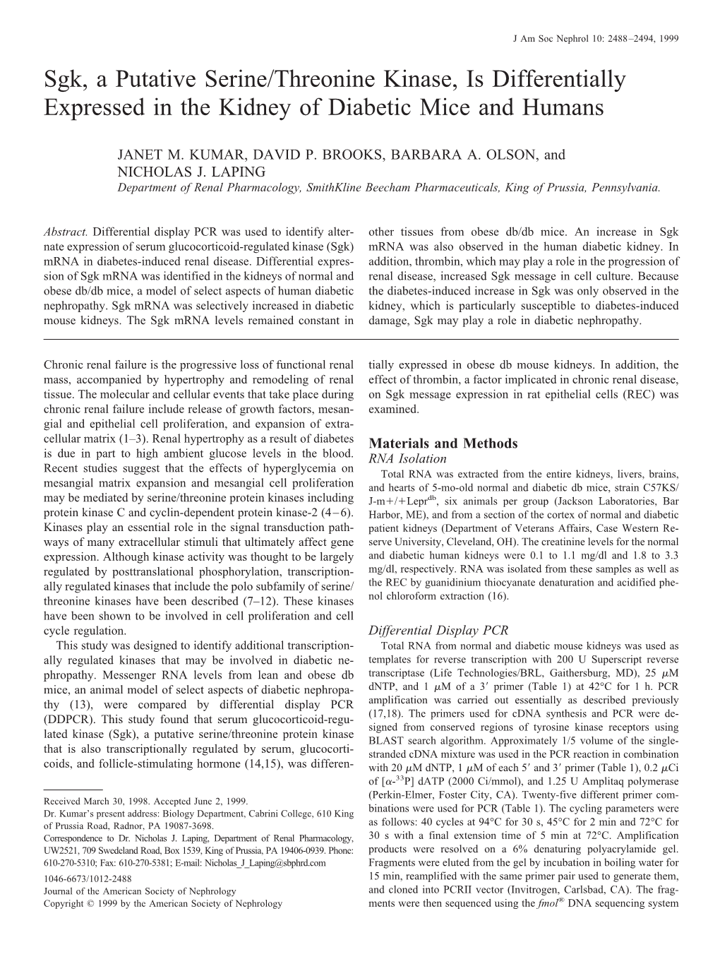 Sgk, a Putative Serine/Threonine Kinase, Is Differentially Expressed in the Kidney of Diabetic Mice and Humans