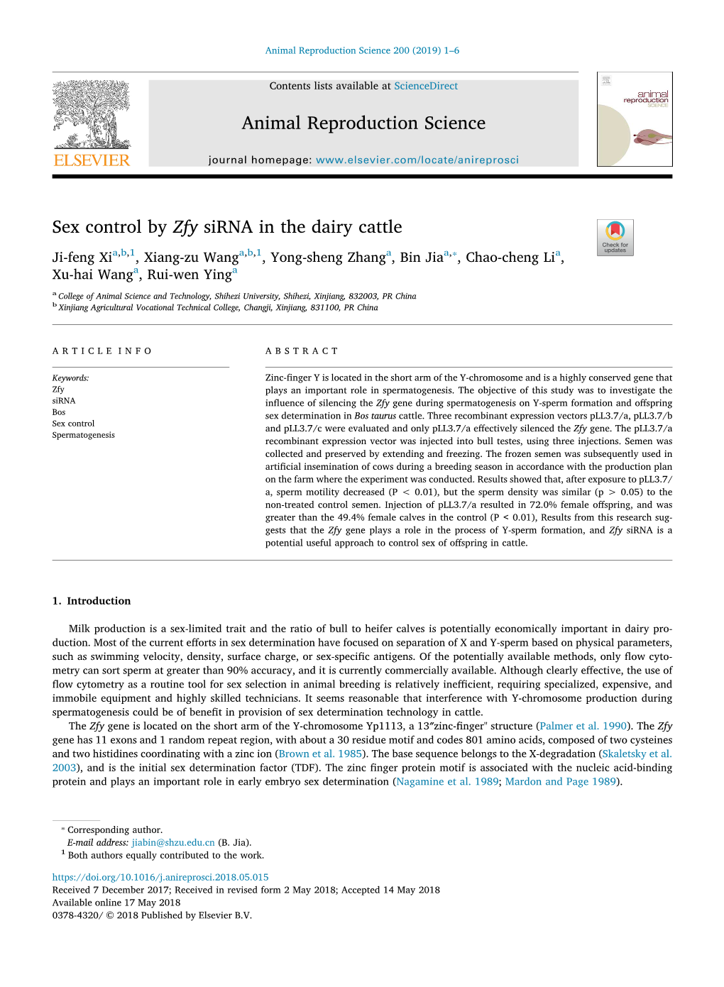 Sex Control by Zfy Sirna in the Dairy Cattle