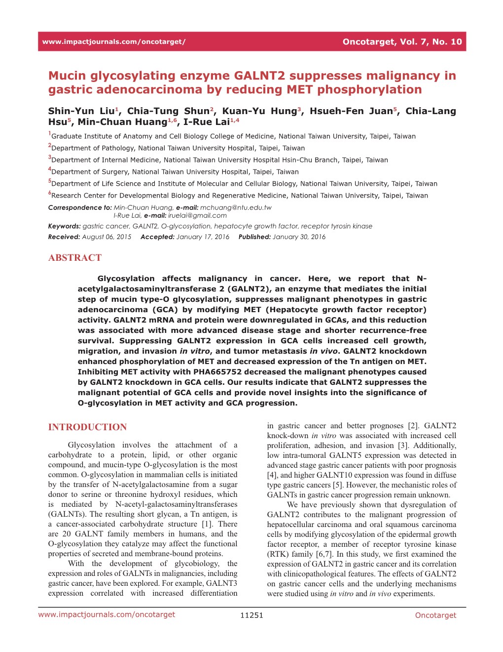 Mucin Glycosylating Enzyme GALNT2 Suppresses Malignancy in Gastric Adenocarcinoma by Reducing MET Phosphorylation