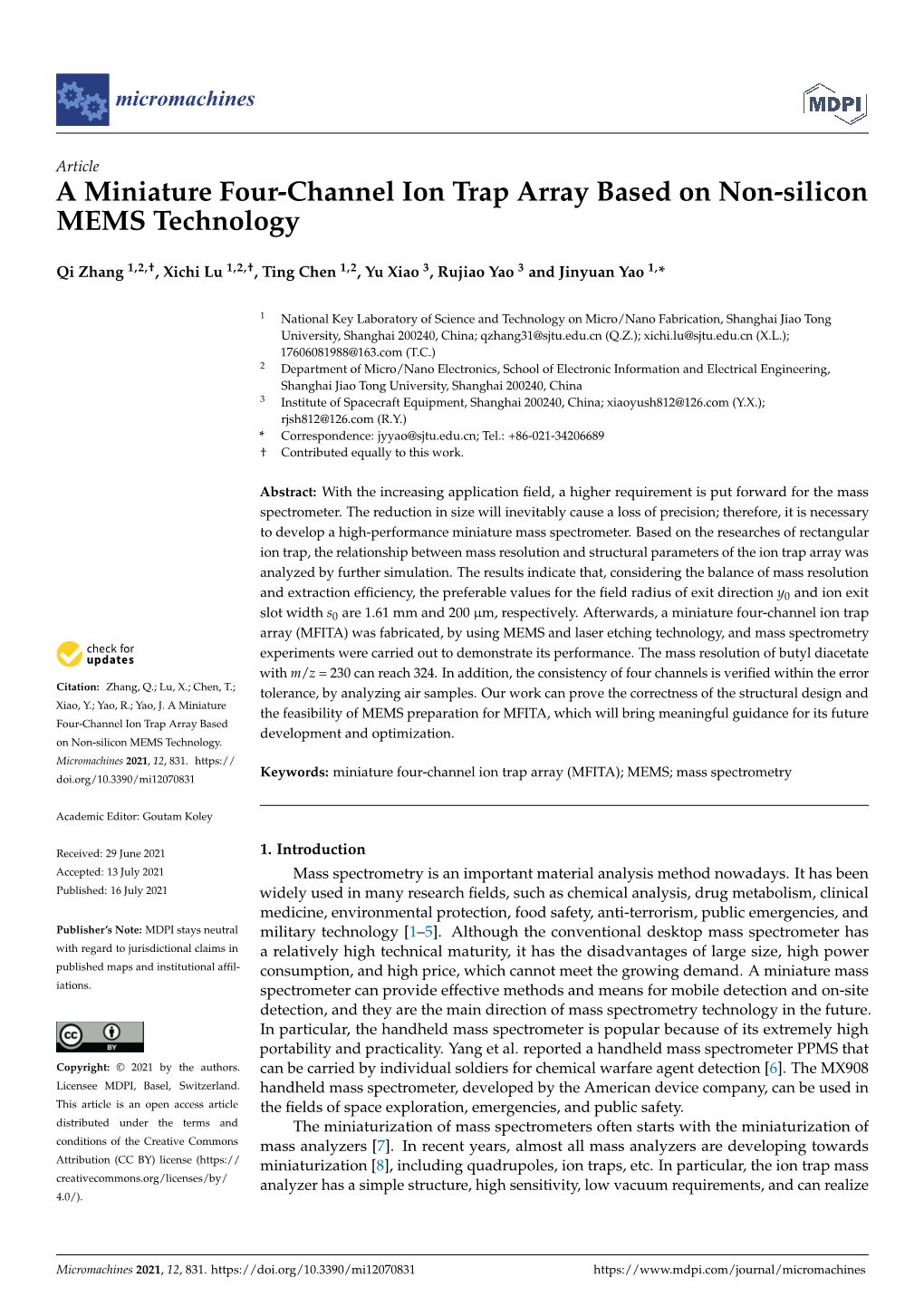 A Miniature Four-Channel Ion Trap Array Based on Non-Silicon MEMS Technology