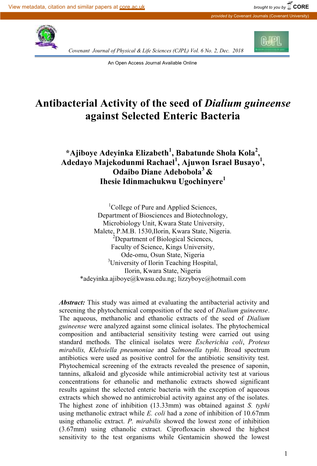 Antibacterial Activity of the Seed of Dialium Guineense Against Selected Enteric Bacteria