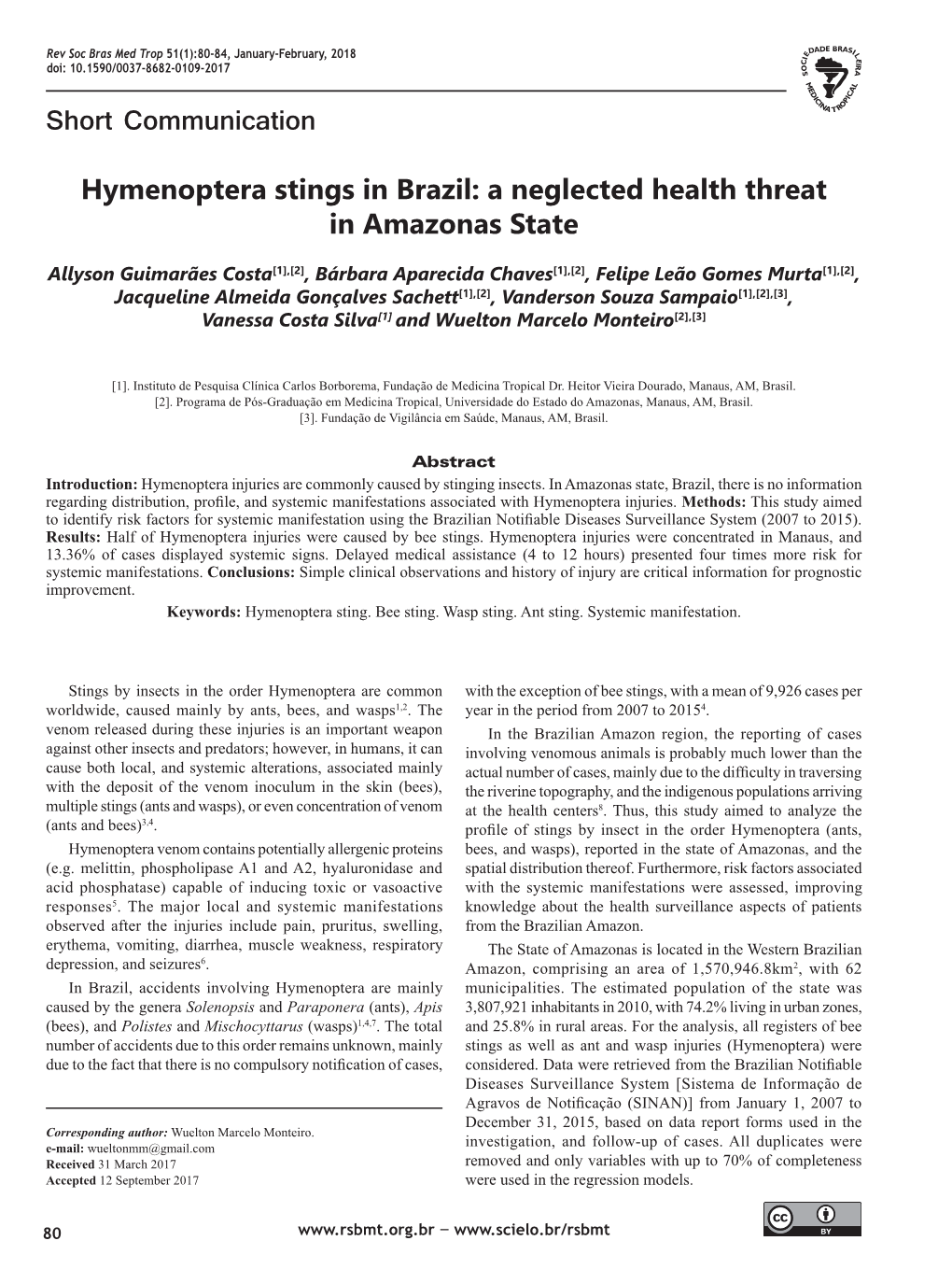Hymenoptera Stings in Brazil: a Neglected Health Threat in Amazonas State