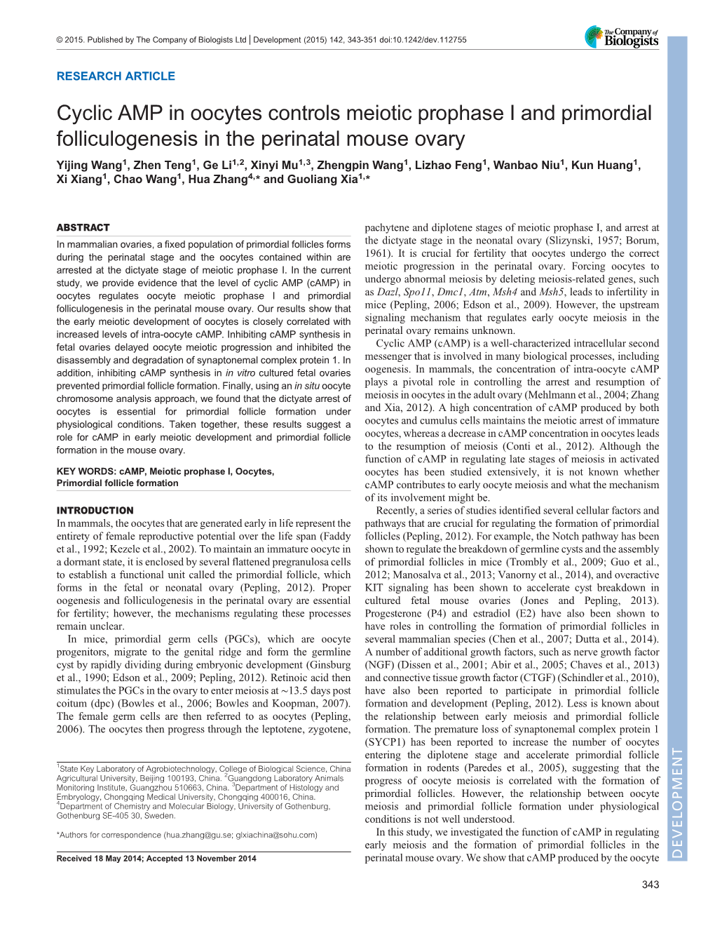 Cyclic AMP in Oocytes Controls Meiotic Prophase I and Primordial