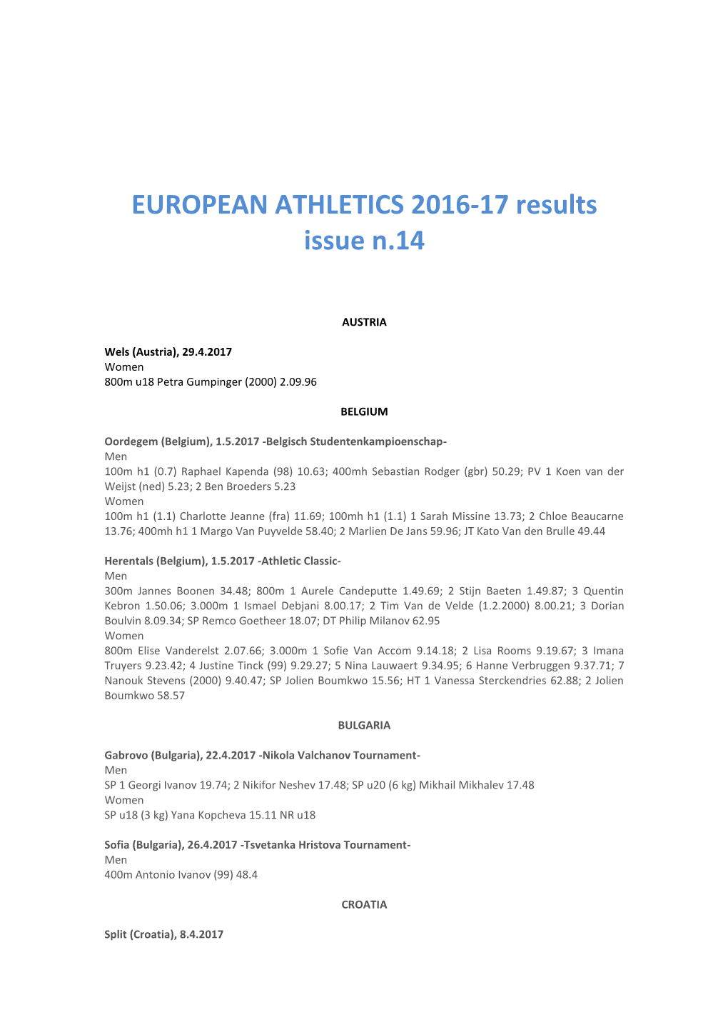 EUROPEAN ATHLETICS 2016-17 Results Issue N.14