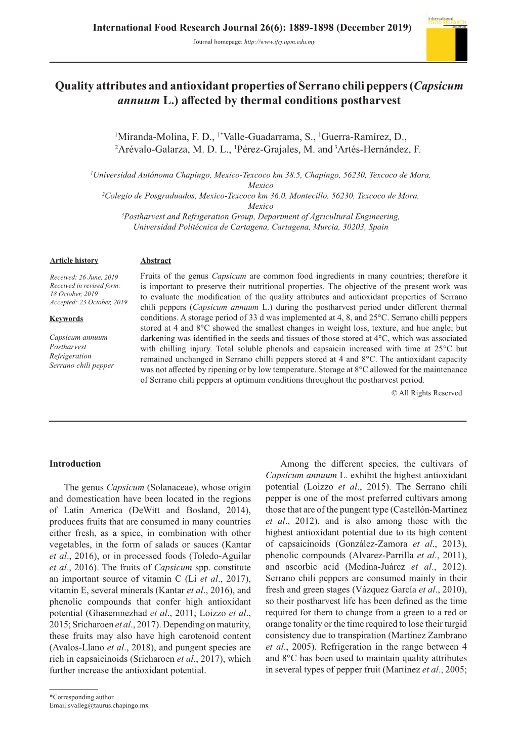 Quality Attributes and Antioxidant Properties of Serrano Chili Peppers (Capsicum Annuum L.) Affected by Thermal Conditions Postharvest