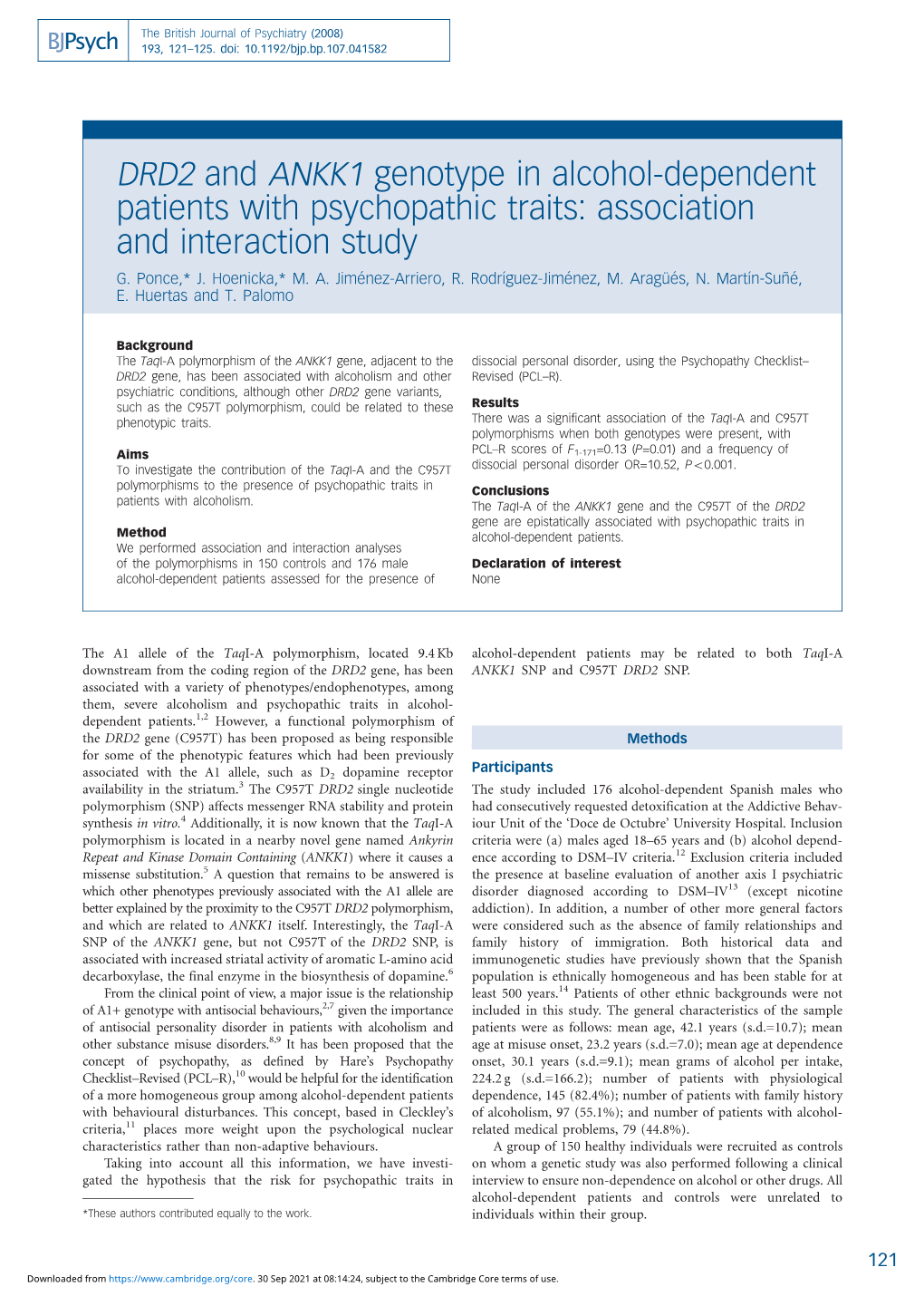 DRD2 and ANKK1 Genotype in Alcohol-Dependent Patients with Psychopathic Traits: Association and Interaction Study G