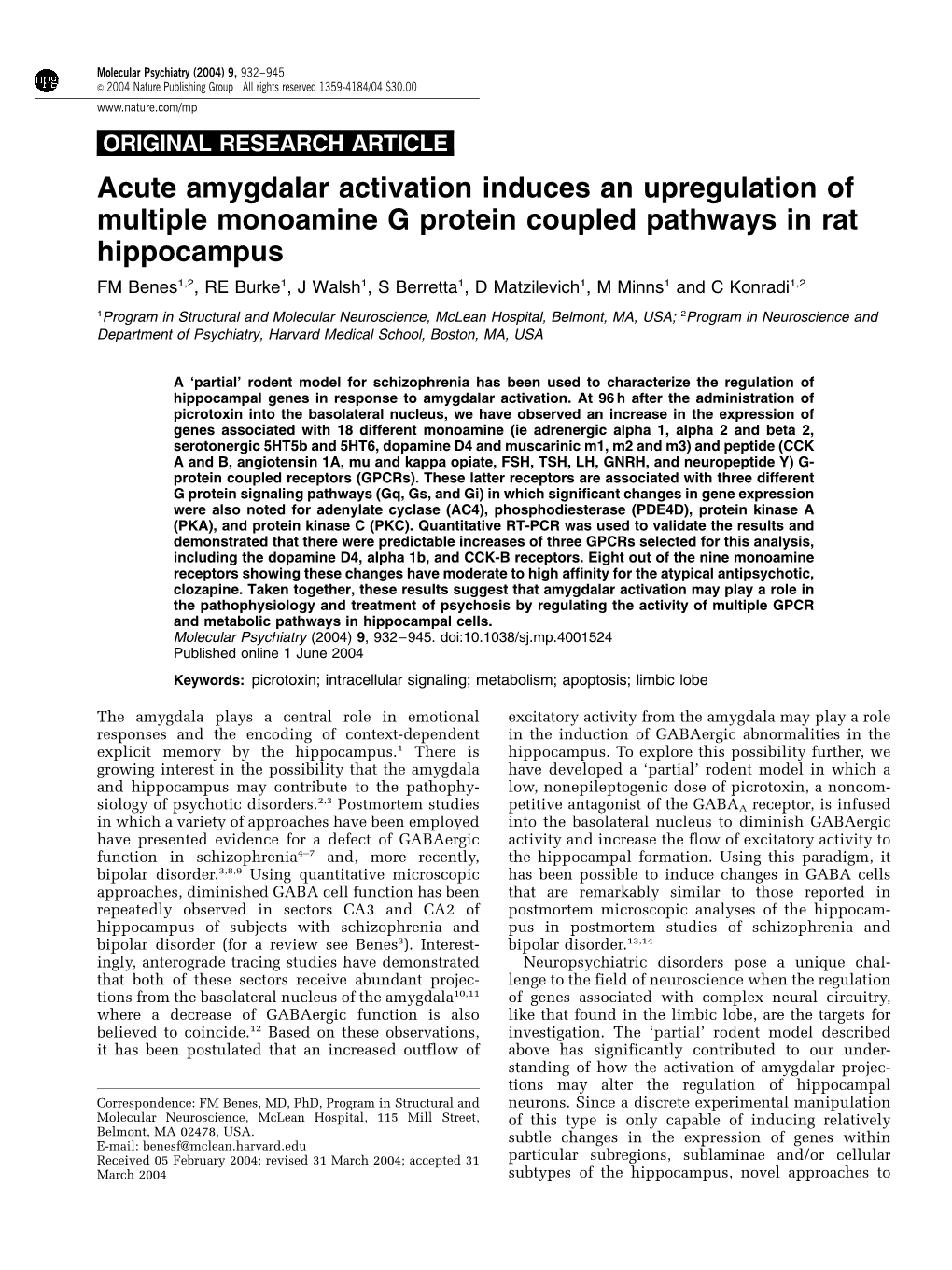 Acute Amygdalar Activation Induces an Upregulation of Multiple