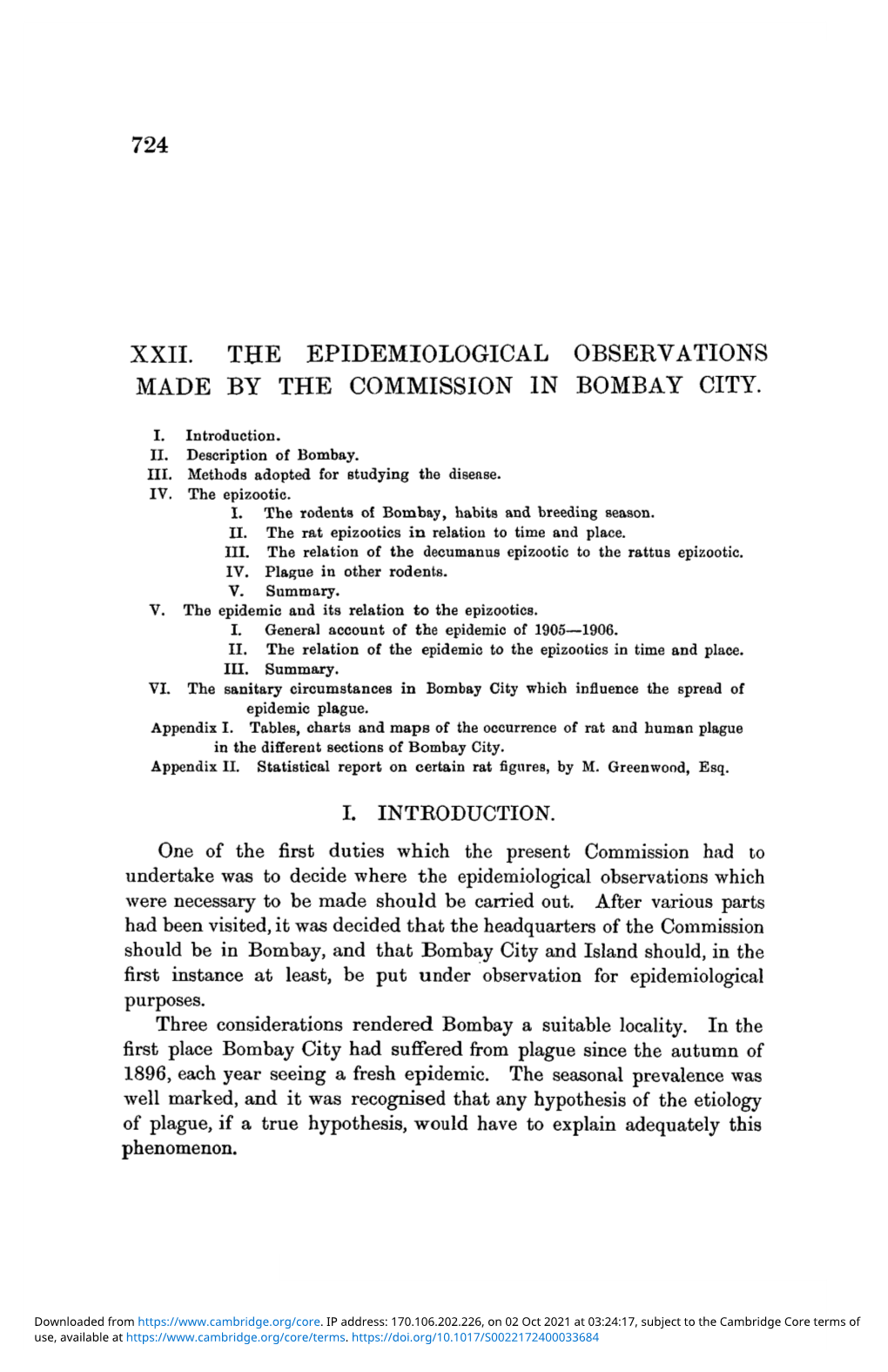 Xxii. the Epidemiological Observations Made by the Commission in Bombay City