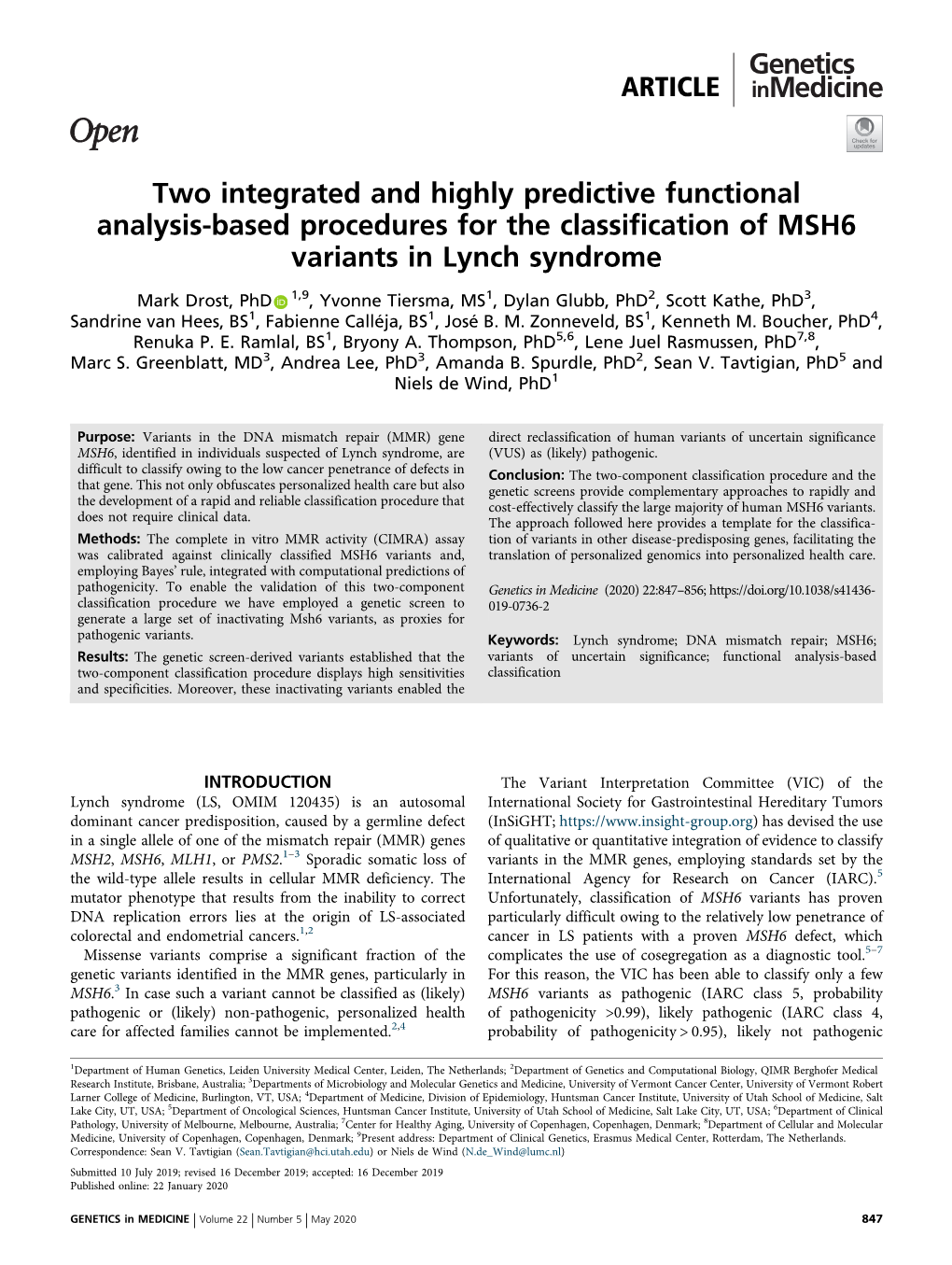 Two Integrated and Highly Predictive Functional Analysis-Based Procedures for the Classification of MSH6 Variants in Lynch Syndrome