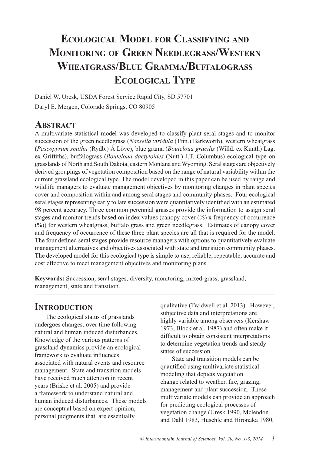 Ecological Model for Classifying and Monitoring of Green Needlegrass/Western Wheatgrass/Blue Gramma/Buffalograss Ecological Type