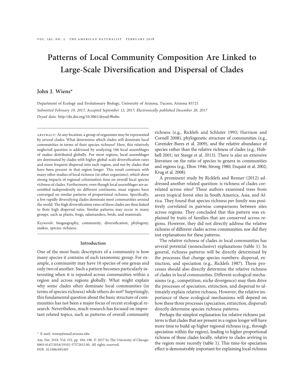 Patterns of Local Community Composition Are Linked to Large-Scale Diversiﬁcation and Dispersal of Clades