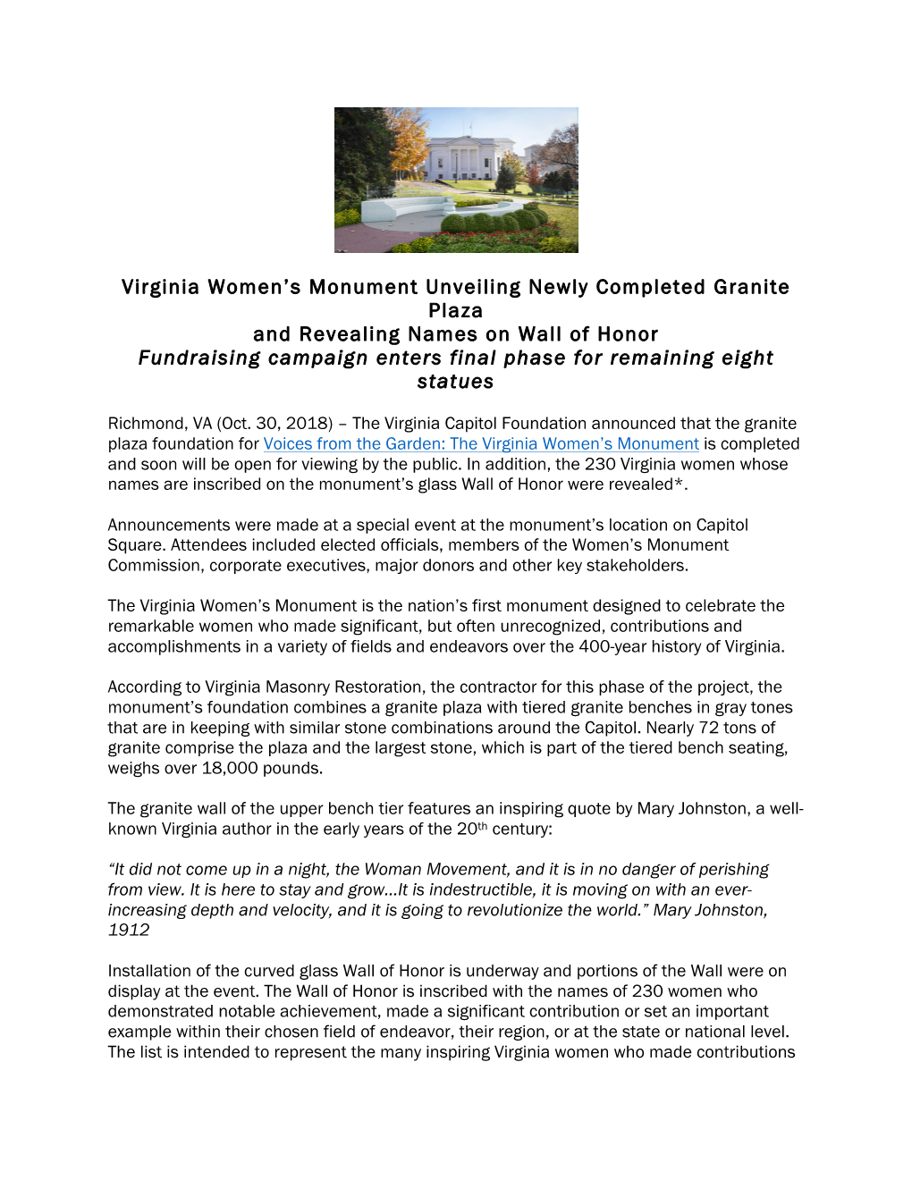 Virginia Women's Monument Unveiling Newly Completed Granite Plaza and Revealing Names on Wall of Honor Fundraising Campaign