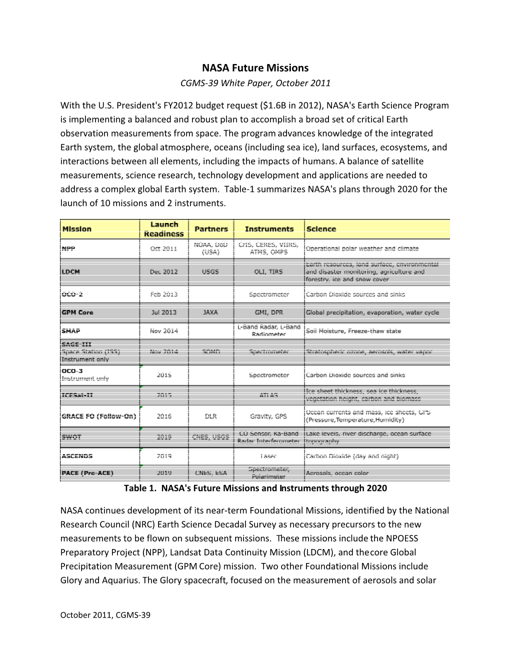 NASA Future Missions CGMS-39 White Paper, October 2011