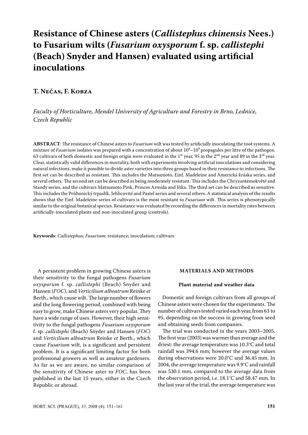 (Callistephus Chinensis Nees.) to Fusarium Wilts (Fusarium Oxysporum F