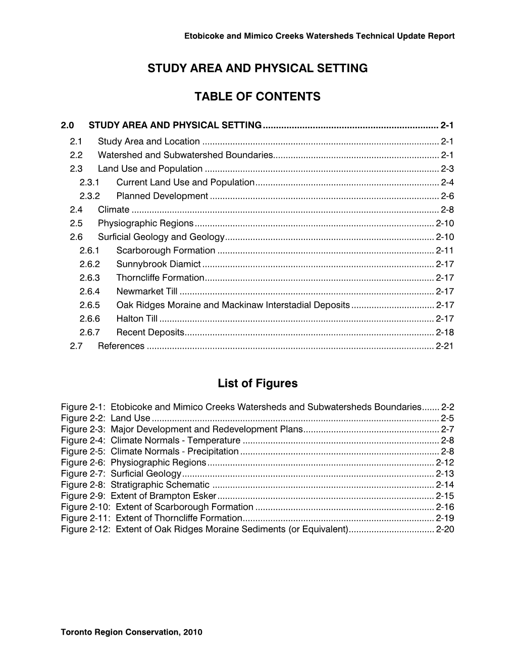 STUDY AREA and PHYSICAL SETTING TABLE of CONTENTS List of Figures