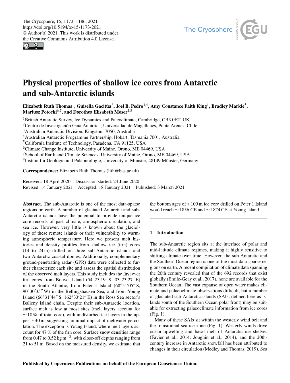 Physical Properties of Shallow Ice Cores from Antarctic and Sub-Antarctic Islands