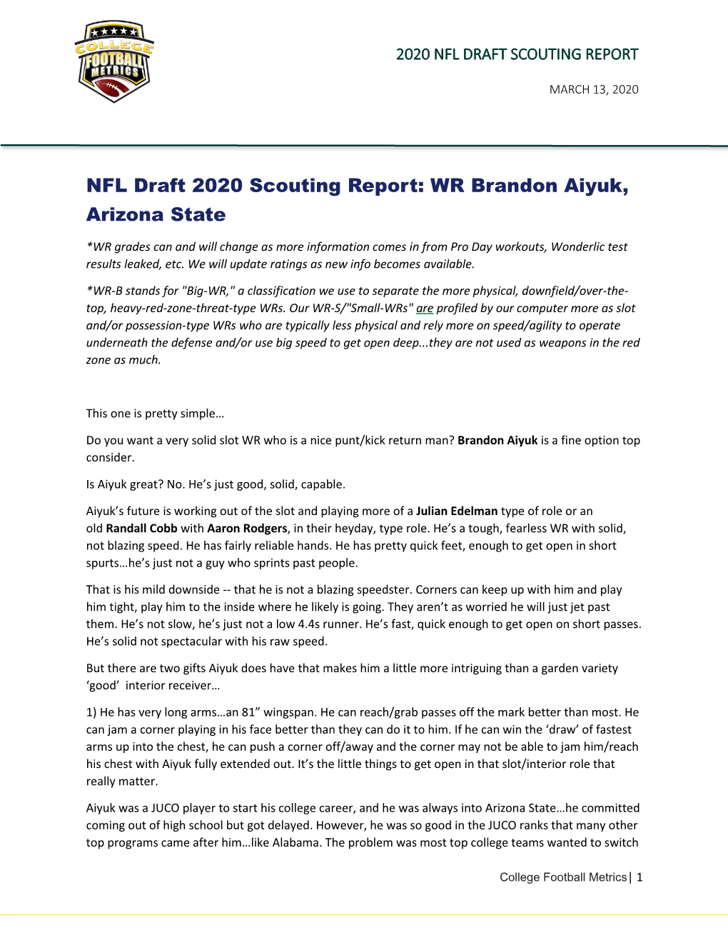 NFL Draft 2020 Scouting Report: WR Brandon Aiyuk, Arizona State