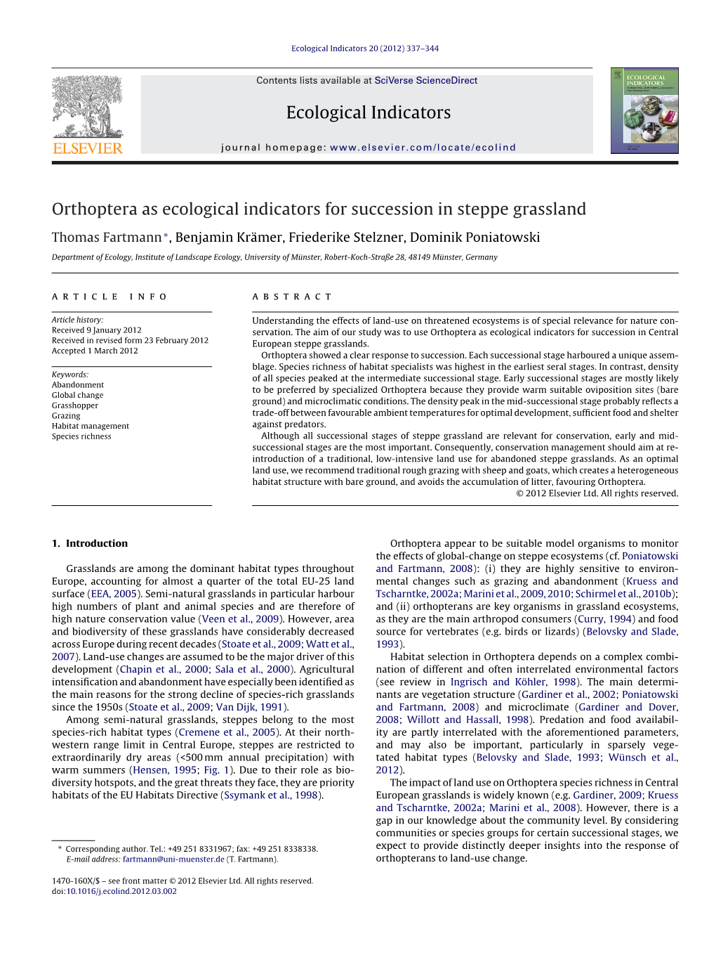 Orthoptera As Ecological Indicators for Succession in Steppe Grassland