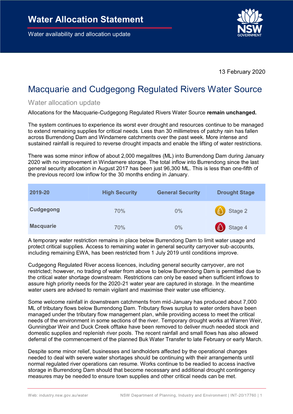 Macquarie and Cudgegong Water Allocation Update