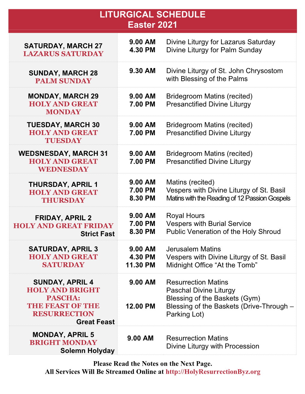 LITURGICAL SCHEDULE Easter 2021