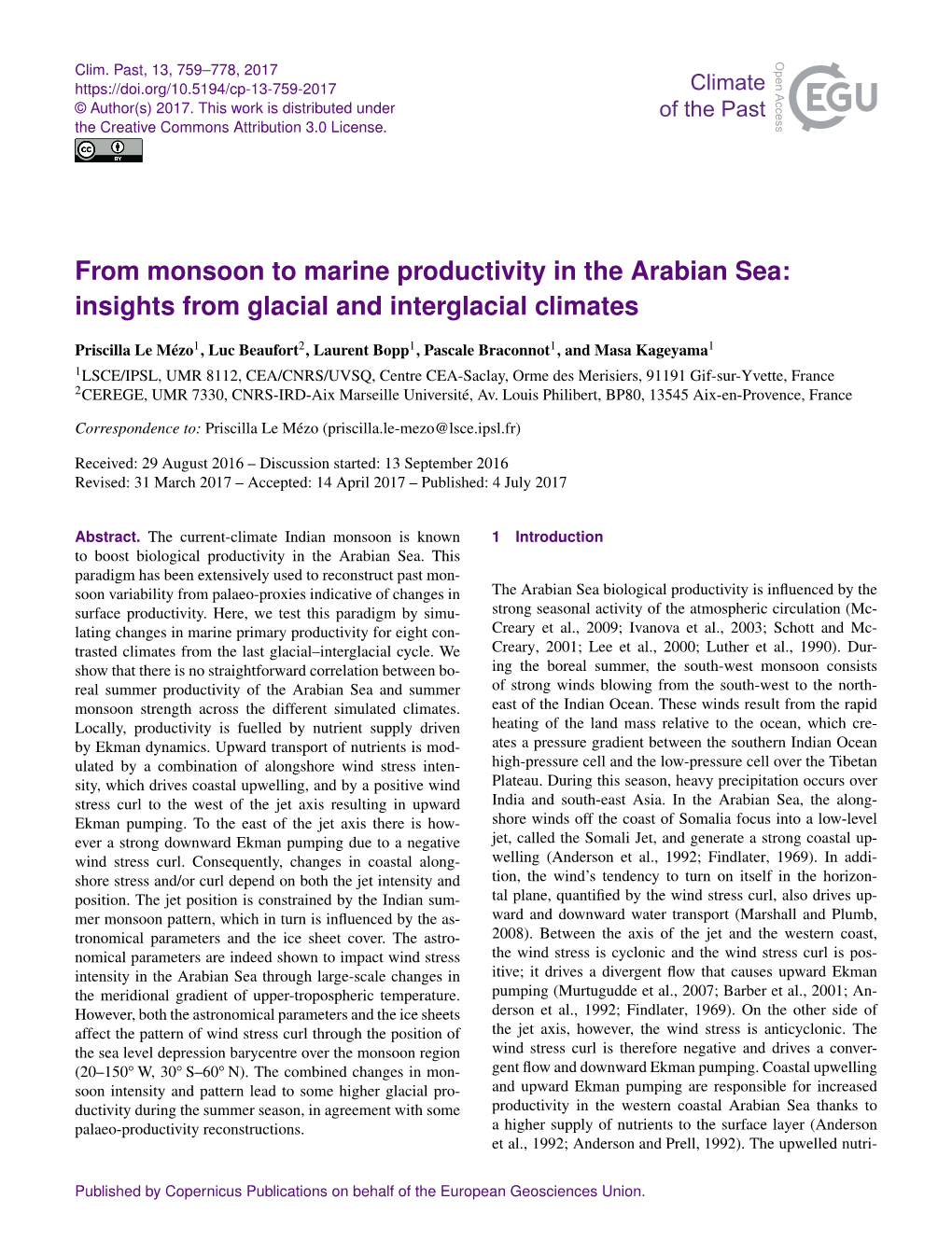 From Monsoon to Marine Productivity in the Arabian Sea: Insights from Glacial and Interglacial Climates