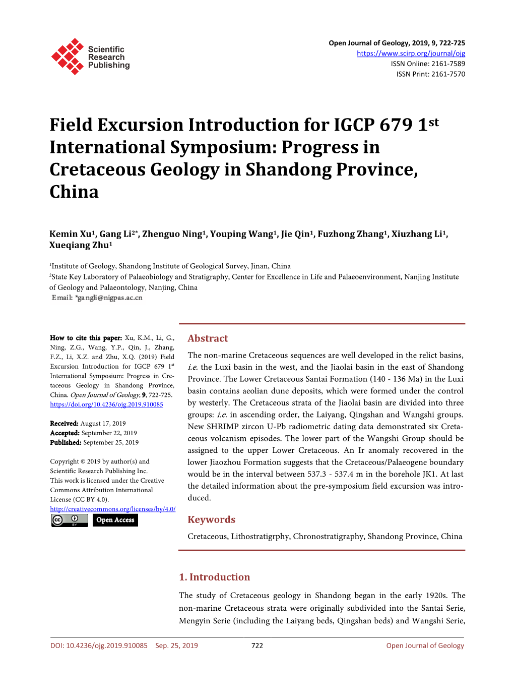 Progress in Cretaceous Geology in Shandong Province, China