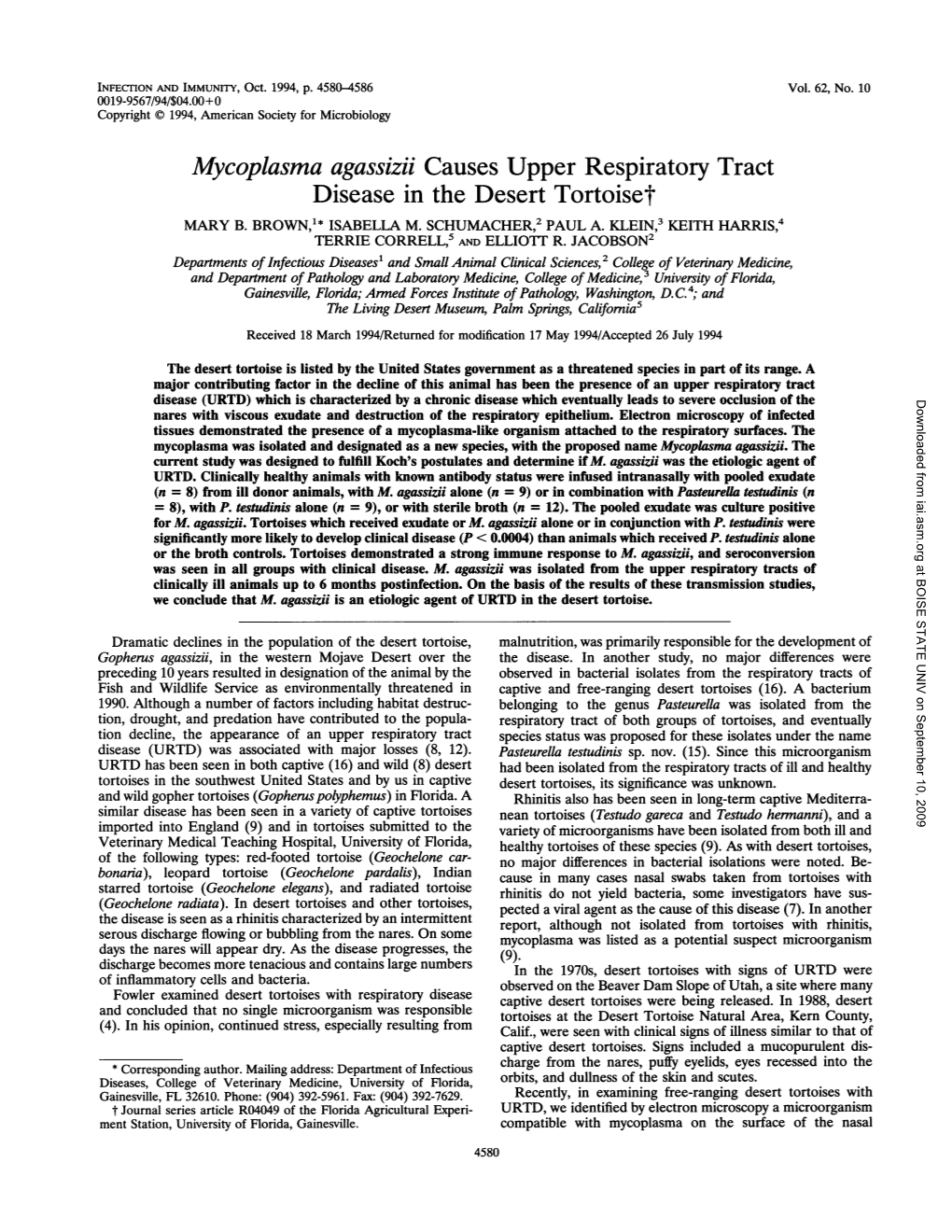 Mycoplasma Agassizii Causes Upper Respiratory Tract Disease in the Desert Tortoiset MARY B