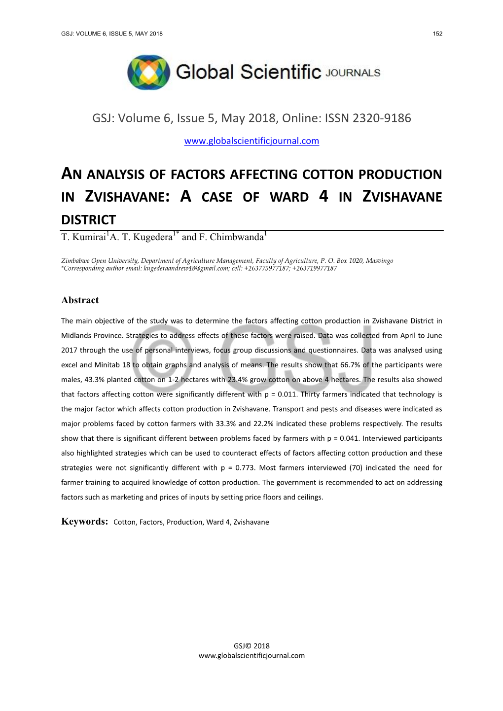 An Analysis of Factors Affecting Cotton Production in Zvishavane: a Case of Ward 4 in Zvishavane District T