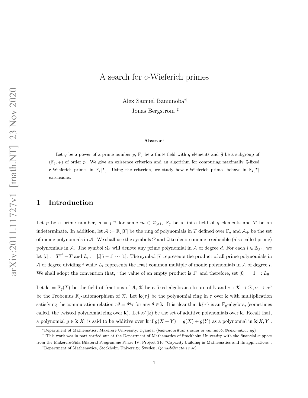 A Search for C-Wieferich Primes