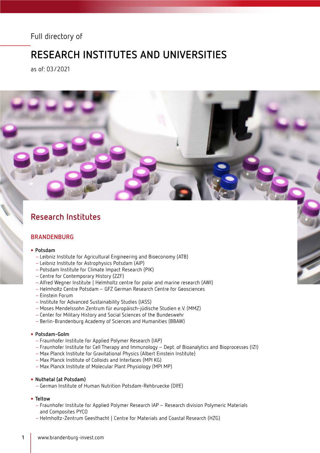 RESEARCH INSTITUTES and UNIVERSITIES As Of: 03/2021